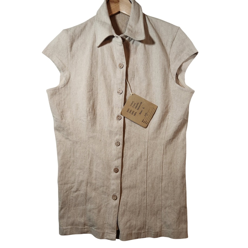 The Earth Collection Womens Cotton Herringbone‎ Sleeveless Button Up Top Beige L